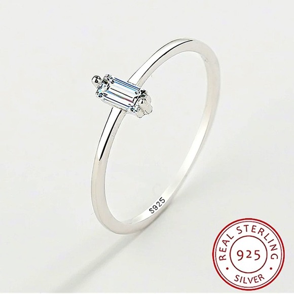 Sterling Silver Rectangular Cubic Zircon Ring Minimalist, Dainty Diamond Size 7 - Picture 4 of 11